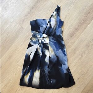 Tahari Blue and Black One-Shoulder A-Line Cocktail Dress